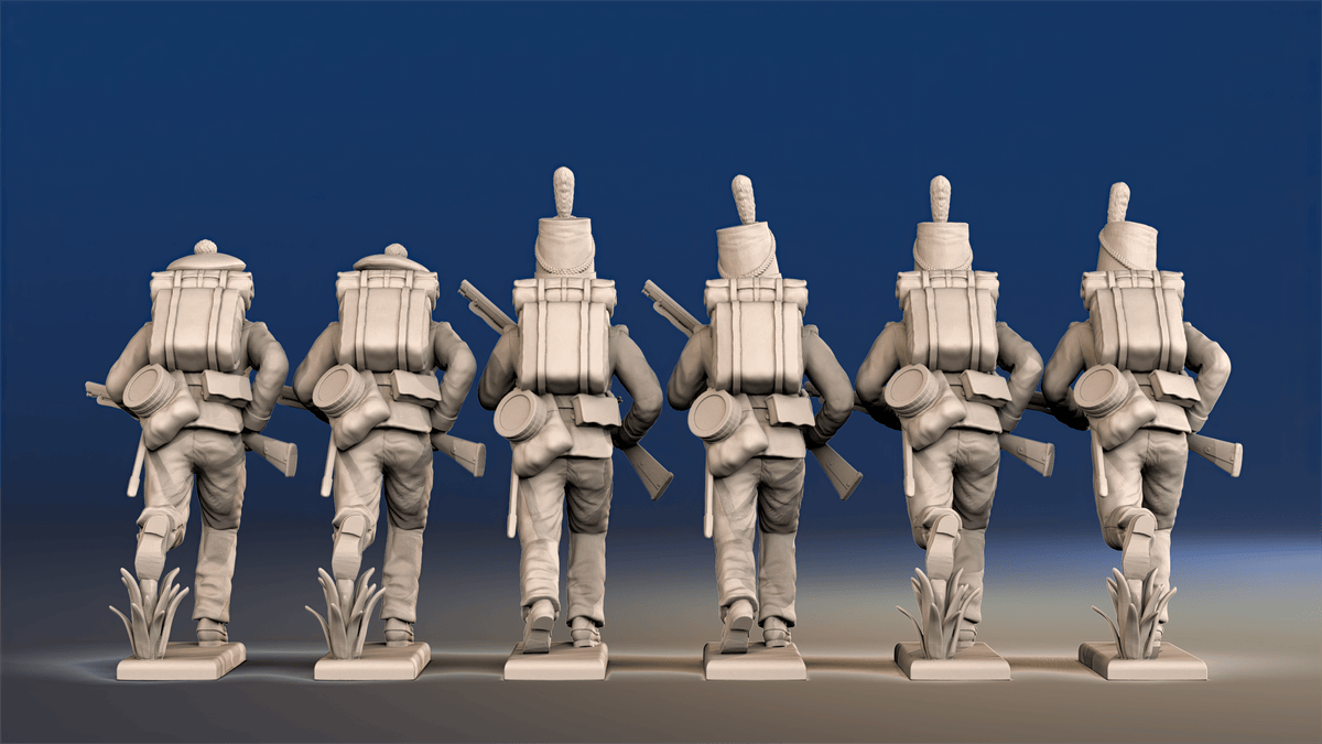 Napoleonic British 95th Rifles advancing mixed riflemen rear view