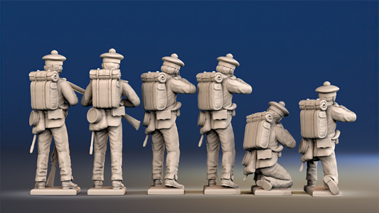 Napoleonic British 95th Rifles loading and firing in forage caps rear view