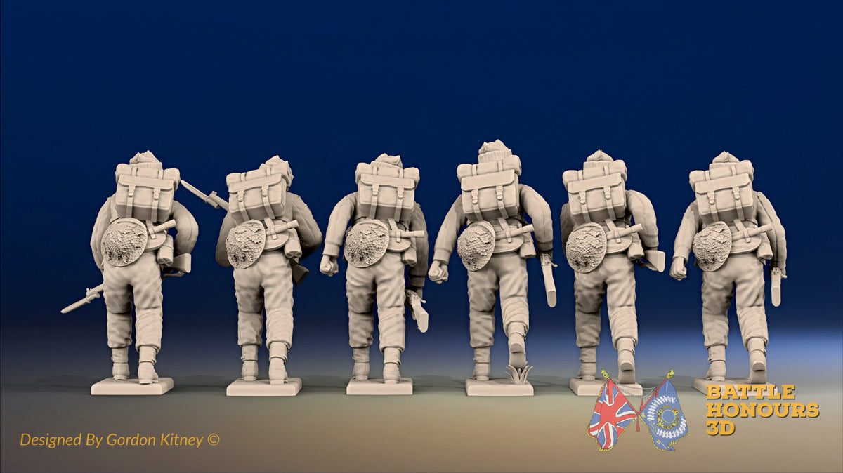 WW2 British Commandos in cap comforters advancing, rear view