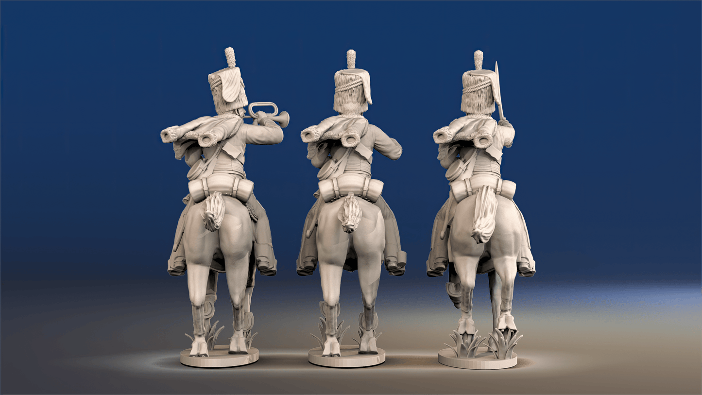 Napoleonic British Hussars Busby galloping command rear view