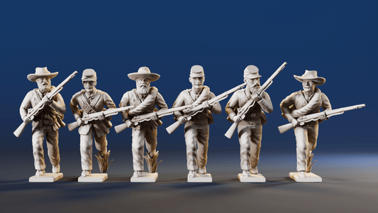 CSA infantry skirmishers advancing forage cap rear view