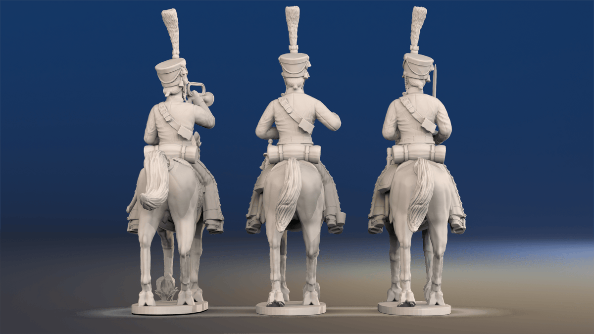 Napoleonic French Hussar Command - Campaign Dress, Shako, Trotting