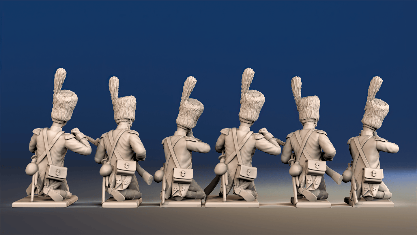 Napoleonic French Elite Company Foot Dragoons loading and firing kneeling rear view