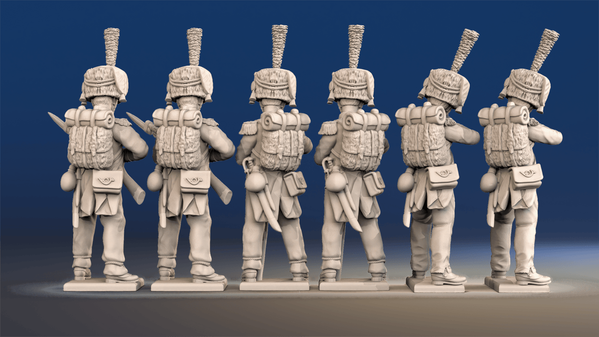 Napoleonic French elite Voltigeurs loading and firing in colpack rear view