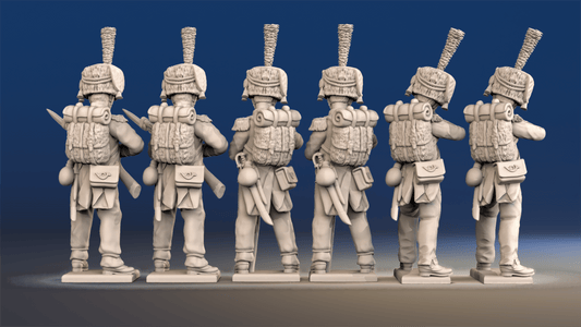 Napoleonic French elite Voltigeurs loading and firing in colpack rear view