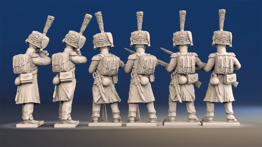 Napoleonic French elite Voltigeurs loading and firing in colpack and greatcoat rear view