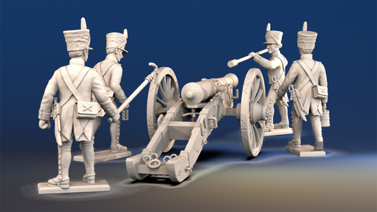 Napoleonic French Foot Artillery covered shako and gaiters loading crew rear view