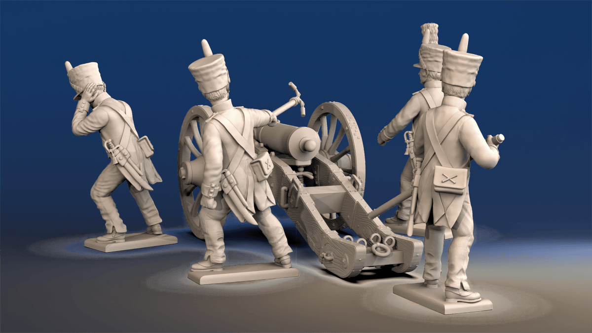 Napoleonic French Foot Artillery covered shako and trousers firing crew rear view