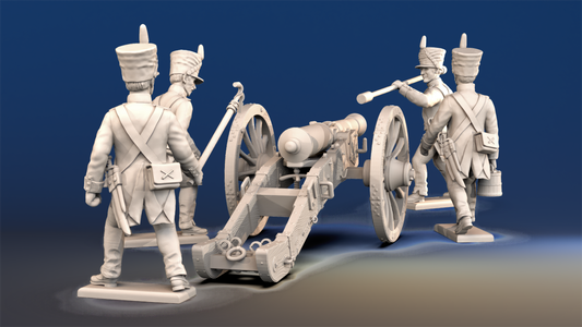Napoleonic French Foot Artillery covered shako and trousers loading crew rear view