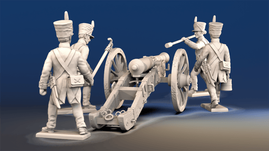 Napoleonic French Foot Artillery covered shako and trousers loading crew rear view