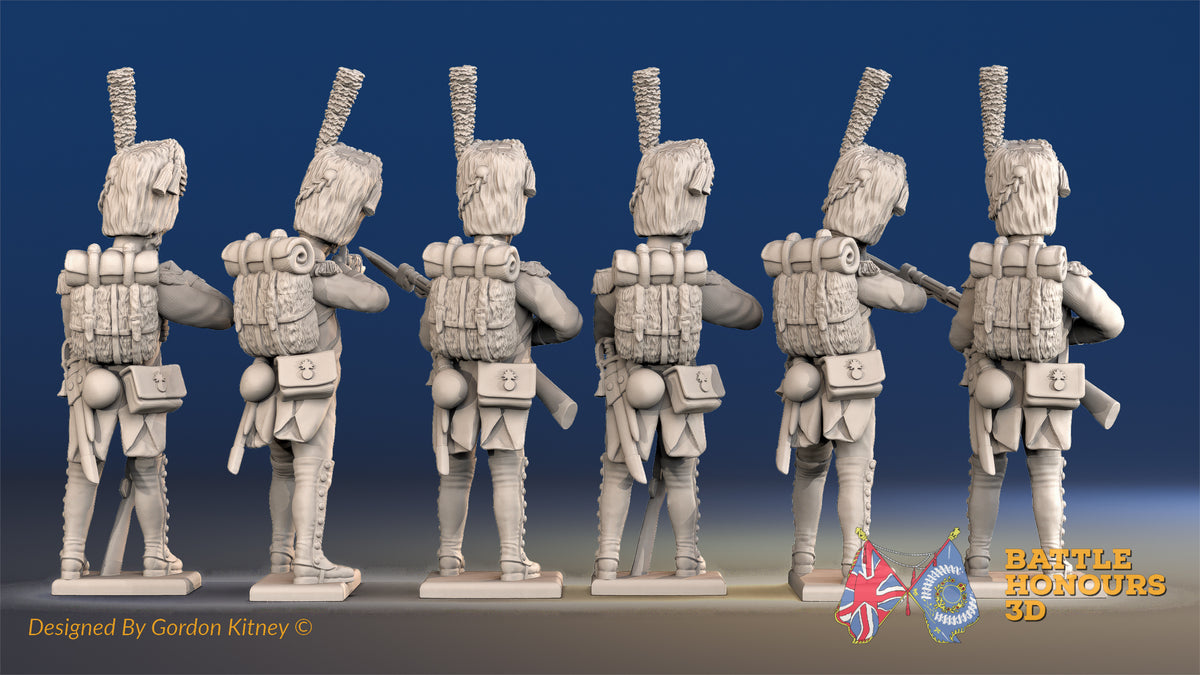 French line Grenadiers firing and loading bearskin gaiter rear view