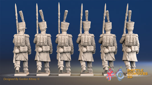 French march attack line Grenadier shako greatcoat rear view