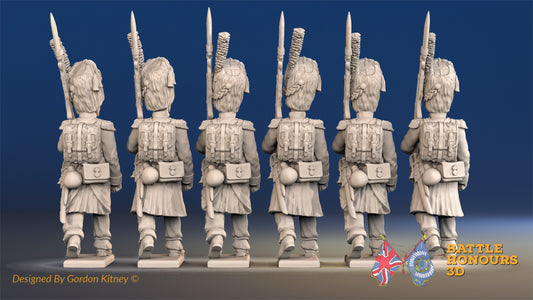 French march attack line Grenadiers bearskin greatcoat rear view