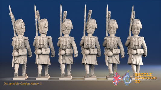 French march attack line Grenadiers bearskin greatcoat gaiter rear view