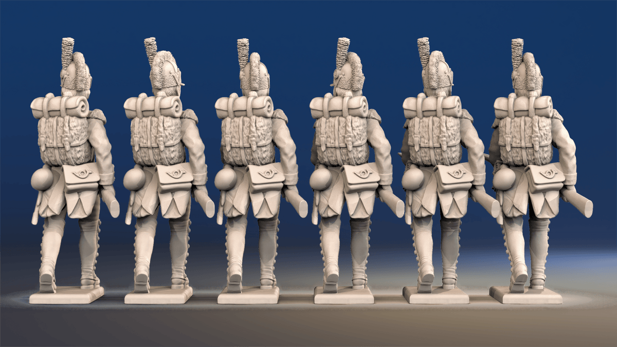 Napoleonic French Voltigeurs advancing in Tarleton and gaiters rear view