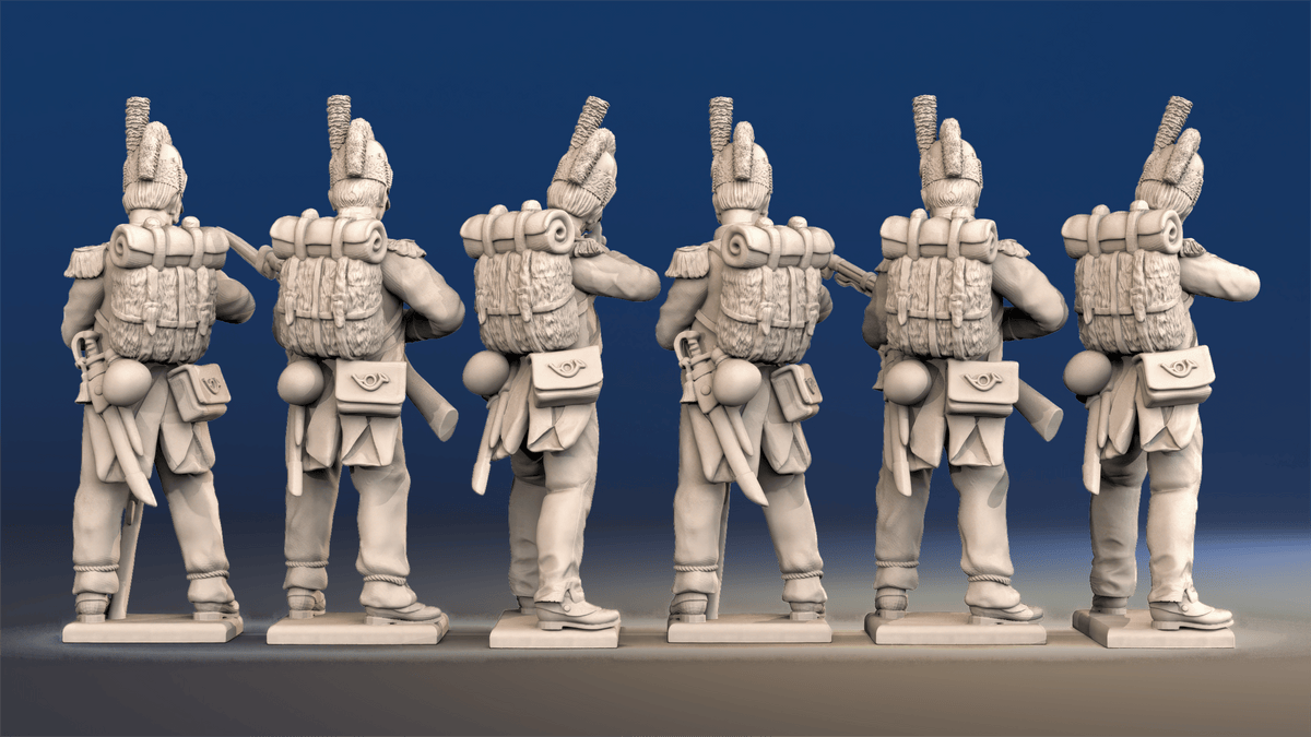 Napoleonic French Voltigeurs loading and firing in Tarleton and trousers rear view