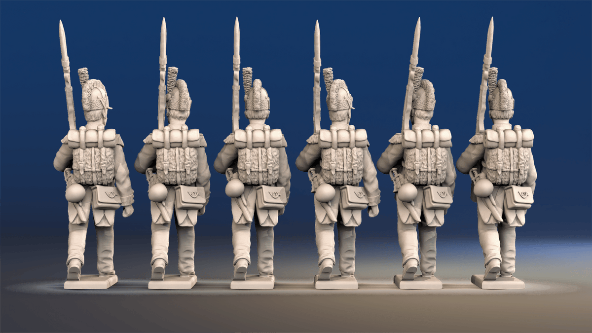 Napoleonic French Voltigeurs march attack in Tarleton and trousers rear view