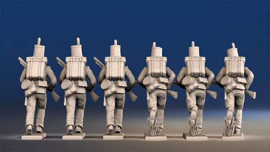 Portuguese 1st Caçadores advancing skirmishers with backpacks rear view