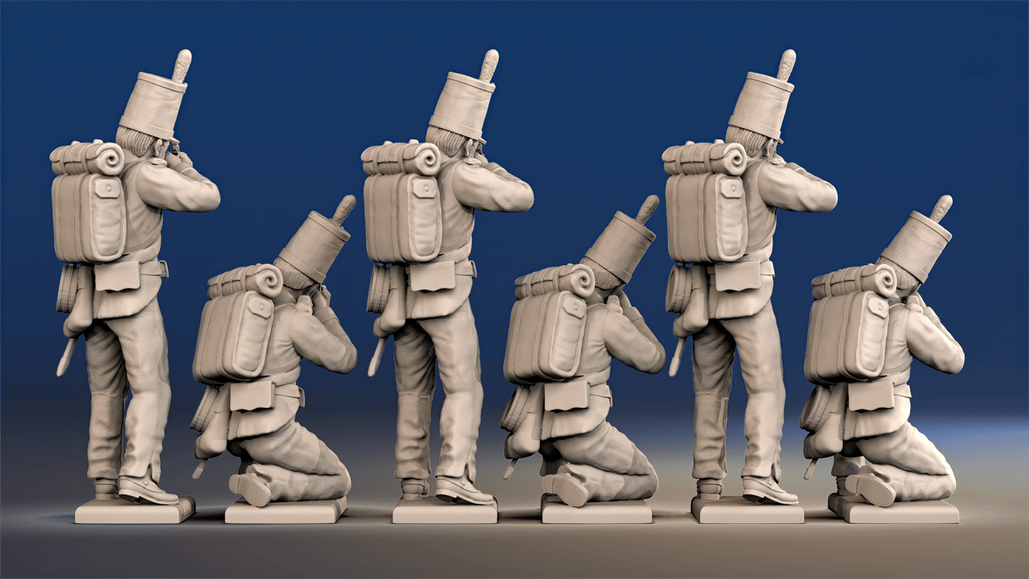 Portuguese 3rd Caçadores firing skirmishers with backpacks rear view
