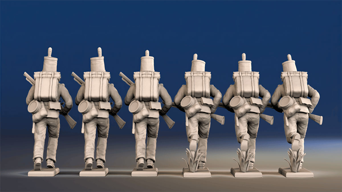 Portuguese 3rd Caçadores advancing skirmishers with backpacks rear view