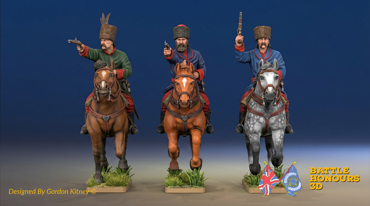 Seven Years’ War Russian Cossacks - Galloping - Pistols, colour example. Figures are supplied unpainted.