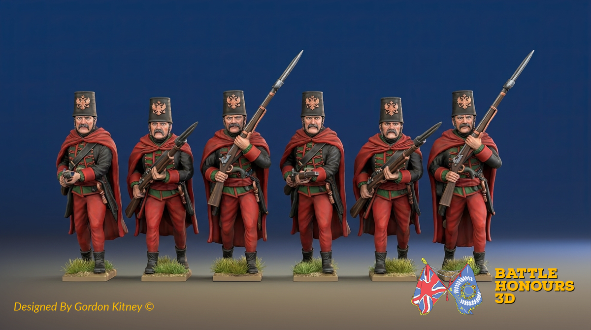 Seven Years’ War Russian Pandurs - Charging - Winter Uniform, colour example. Figures are supplied unpainted.