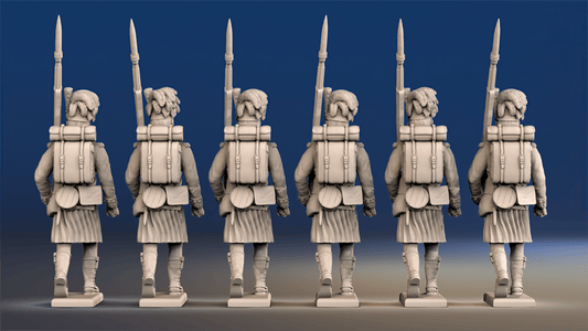 Napoleonic Scottish Highland Centre Company march attack in kilts rear view
