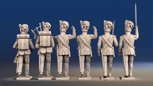 Napoleonic Scottish Highland Battalion Command march attack in trousers rear view