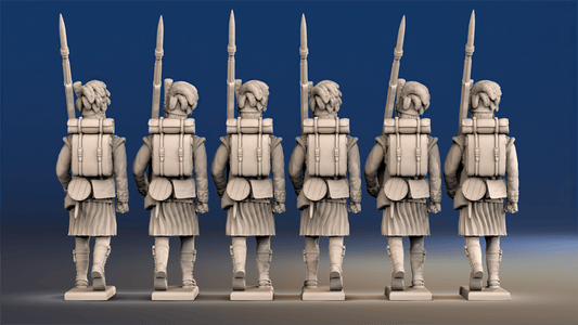 Napoleonic Scottish Highland Flank Company march attack in kilts rear view