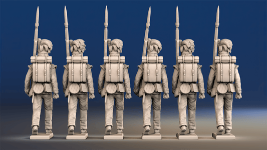 Napoleonic Scottish Highland Flank Company march attack in trousers rear view