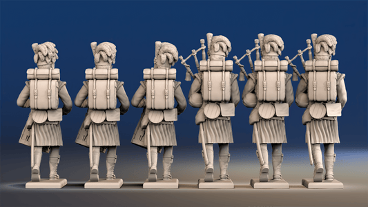 Napoleonic Scottish Highlanders pipes and drums in kilts rear view