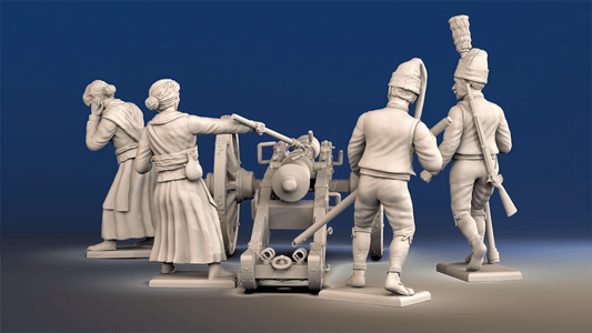 Spanish artillery firing crew with female figures forage cap rear view