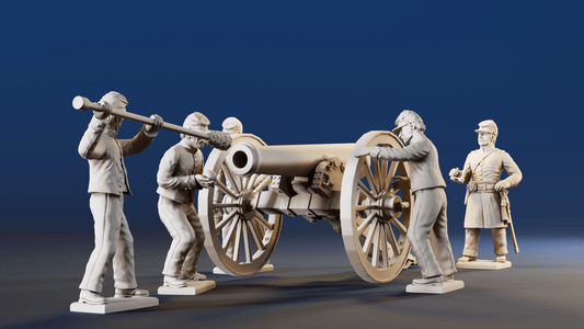 American Civil War Union artillery loading crew in forage caps rear view