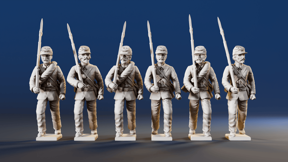 American Civil War Union right shoulder shift infantry in sackcloth coats and forage caps rear view