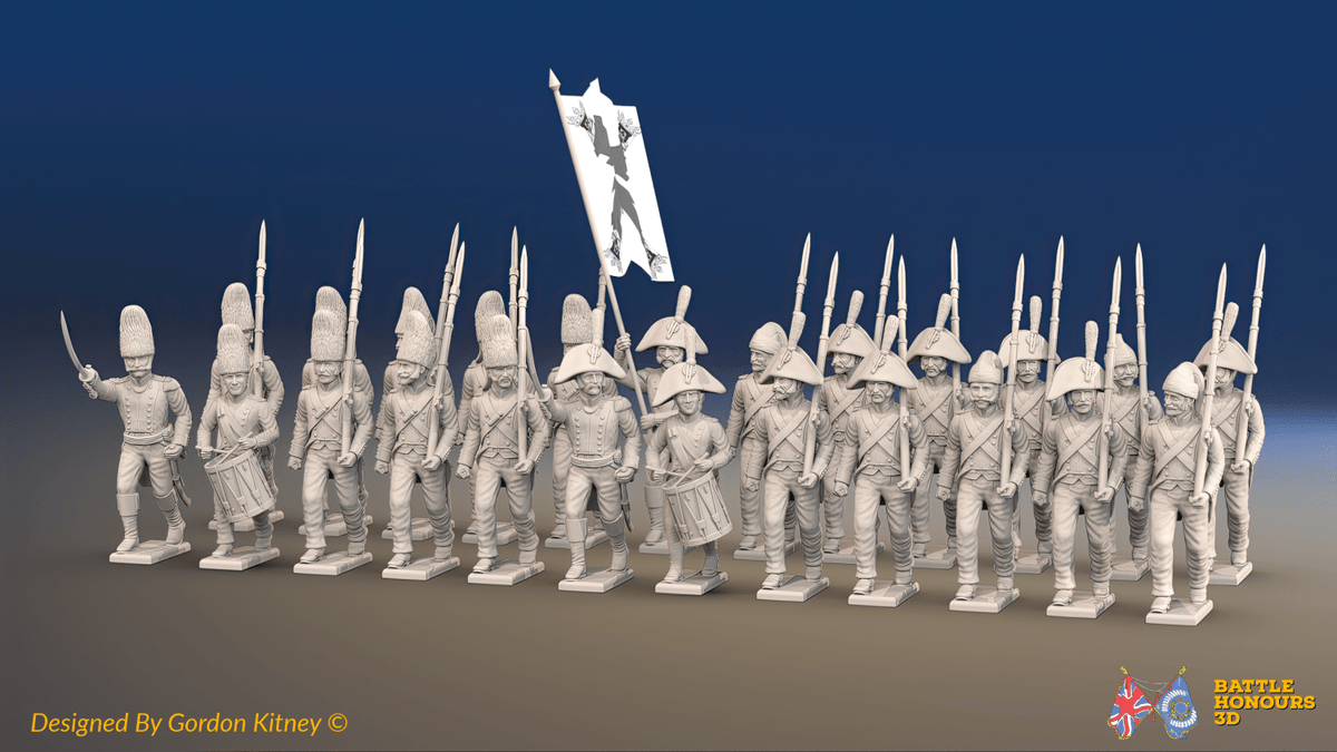 Napoleonic Spanish 1st Battalion Line Infantry March Attack - No Backpacks - 24 figures, front view