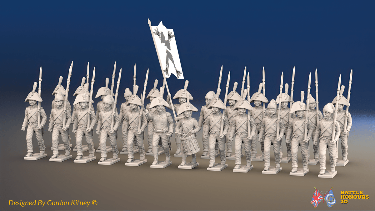 Napoleonic Spanish 2nd/3rd Battalion Line Infantry March Attack - No Backpacks - 24 figures, front view