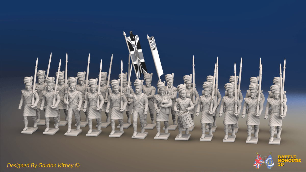 Napoleonic Scottish Highland Battalion March Attack - Kilts - 24 figures, front view