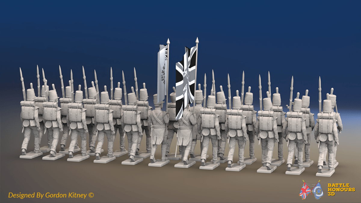 Napoleonic Scottish 71st Highland Light Infantry Battalion March Attack - Tartan-Band Shako - 24 figures, rear view