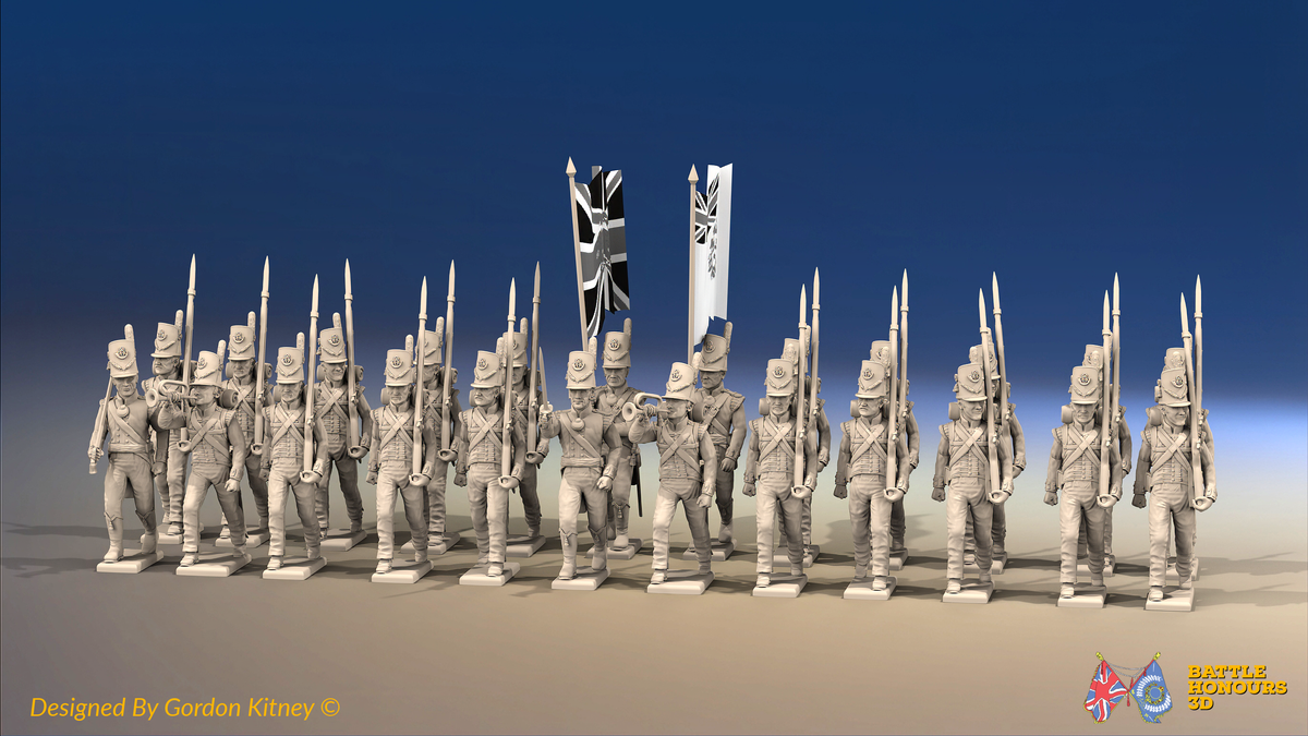 Napoleonic British Light Infantry Battalion March Attack - Belgic Shako - 24 figures, front view