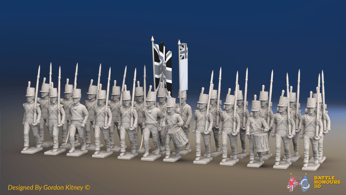 Napoleonic British Line Infantry Battalion March Attack - Stovepipe Shako - 24 figures, front view