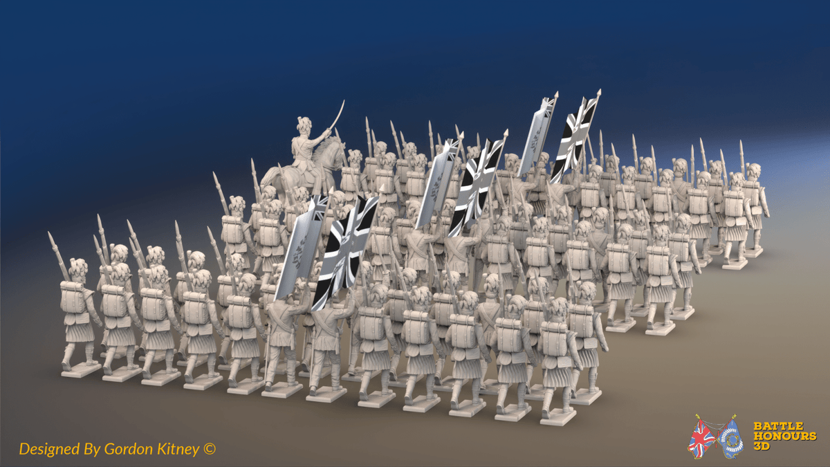 Napoleonic Scottish Highland Infantry Brigade March Attack - Kilts - 72 infantry and mounted commander, rear view
