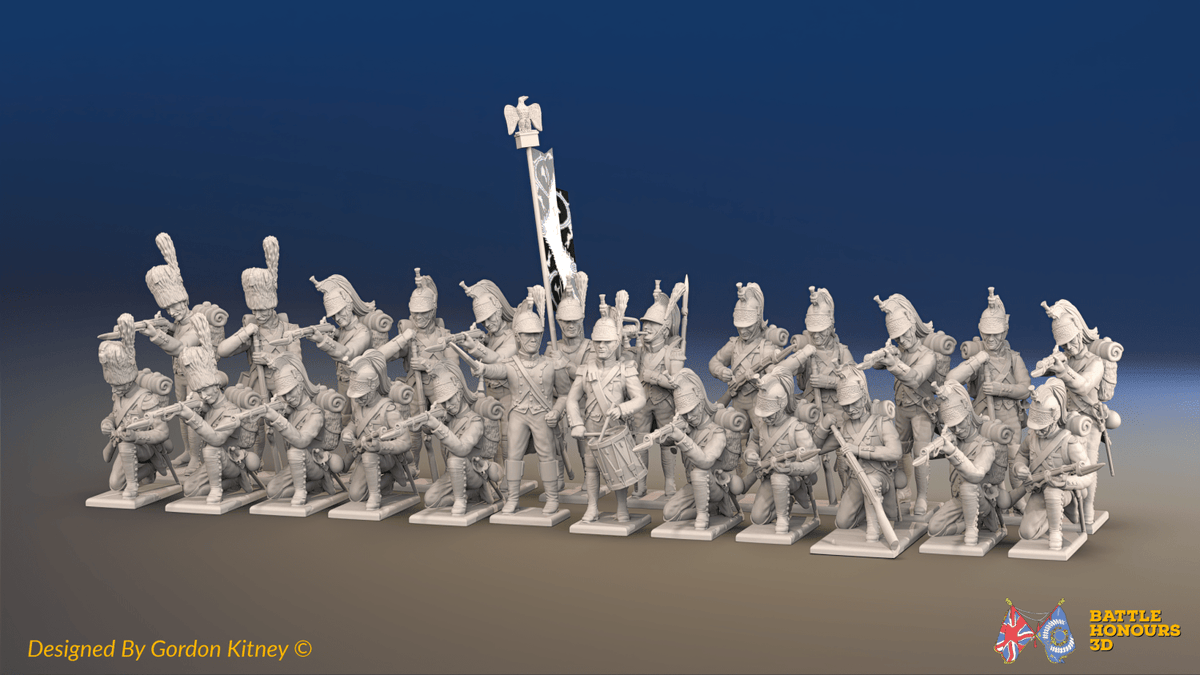 Napoleonic French Foot Dragoons Battalion Firing Line - Bearskin, Gaiters - 24 figures, front view