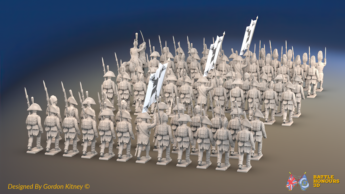 Napoleonic Spanish Line Infantry Regiment March Attack - With Backpacks - 72 infantry and mounted commander, rear view