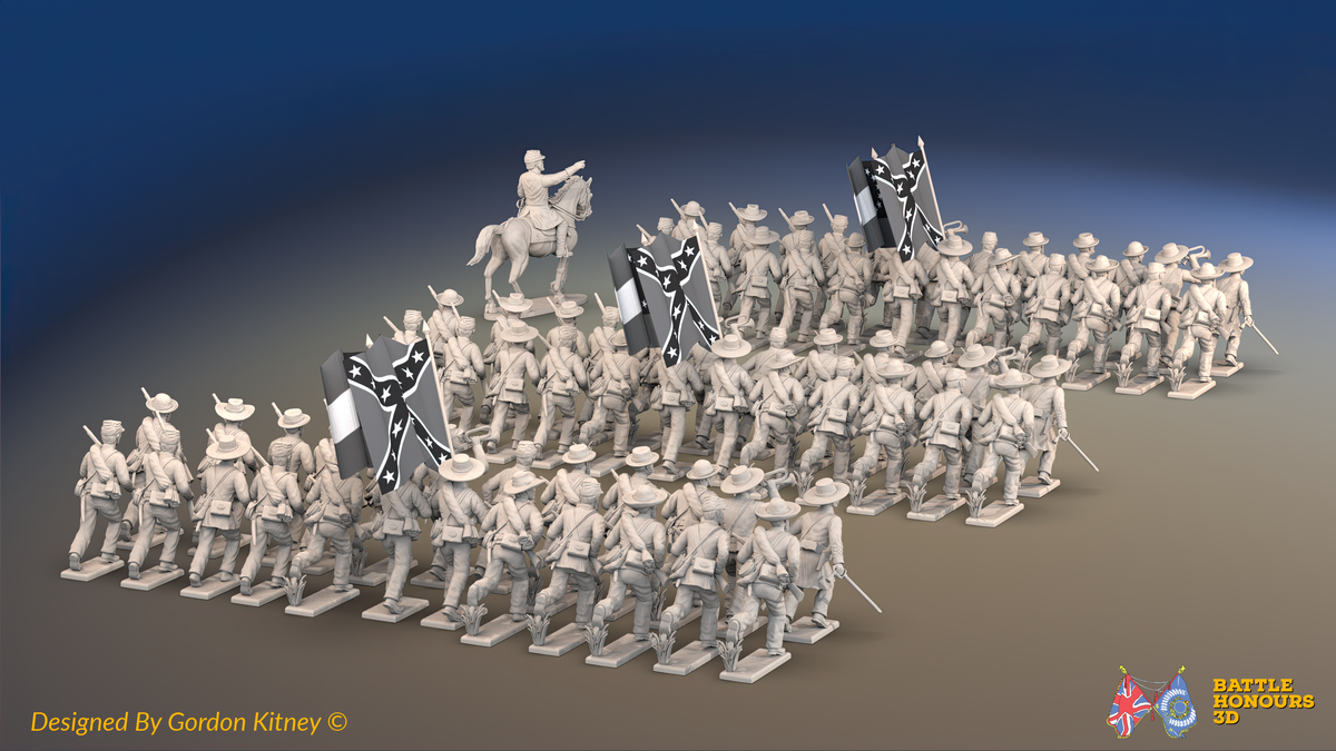ACW Confederate Infantry Brigade Advancing - 72 infantry and mounted commander, rear view