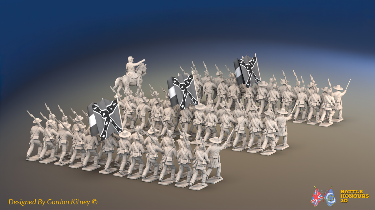 ACW Confederate Infantry Brigade at March Attack - 72 infantry and mounted commander, rear view