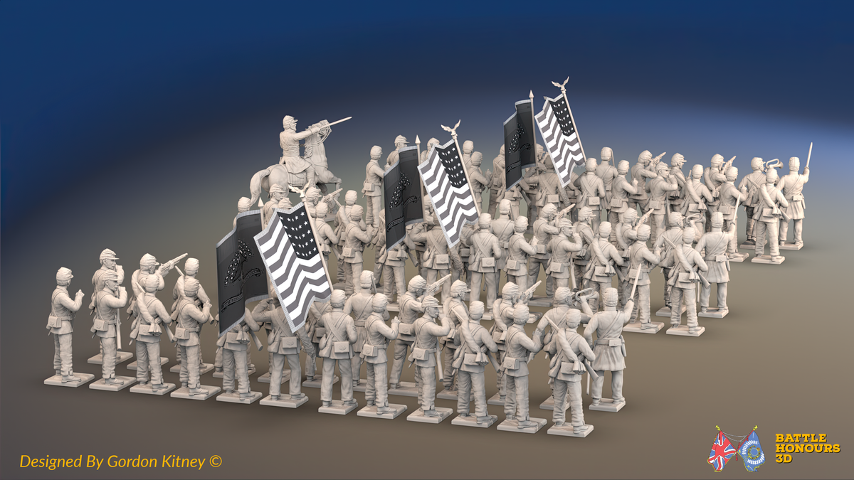 ACW Union Infantry Brigade - Sack Coats and Forage Caps, Firing - 72 infantry and mounted commander, rear view