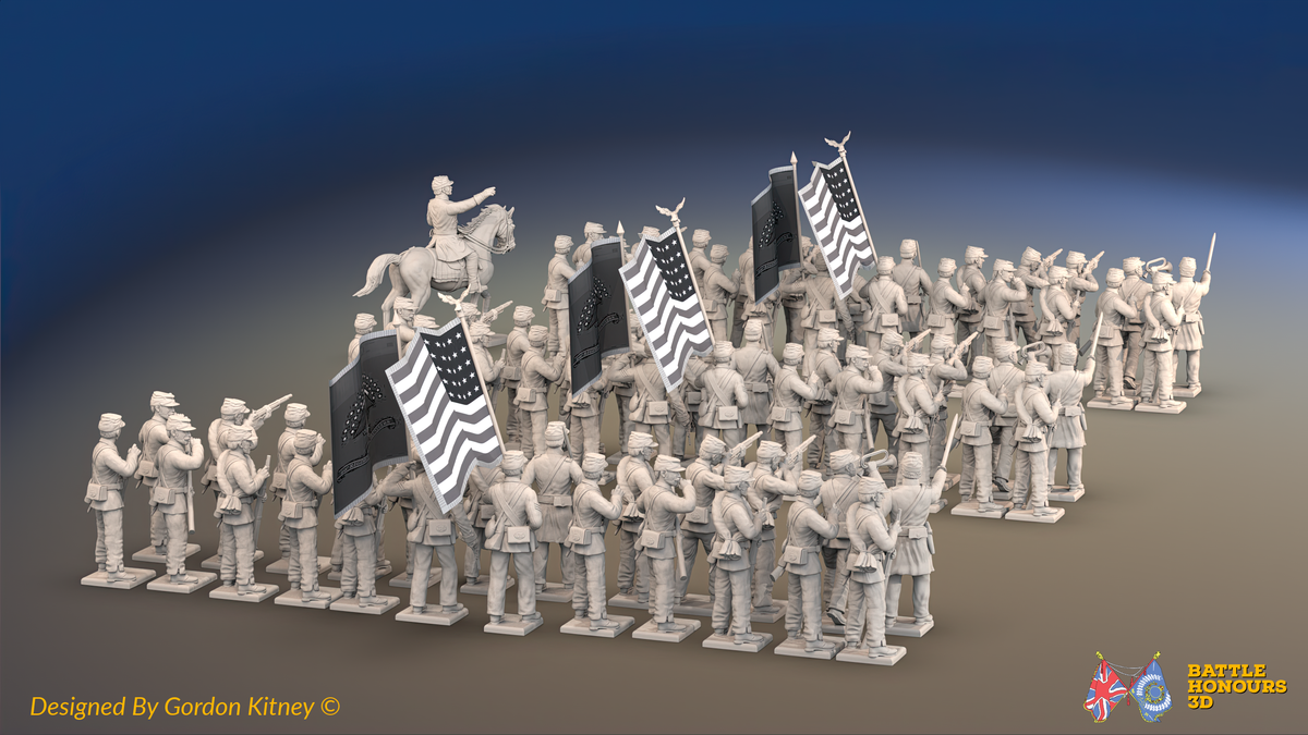 ACW Union Infantry Brigade - Sack Coats and Kepis, Firing - 72 infantry and mounted commander, rear view