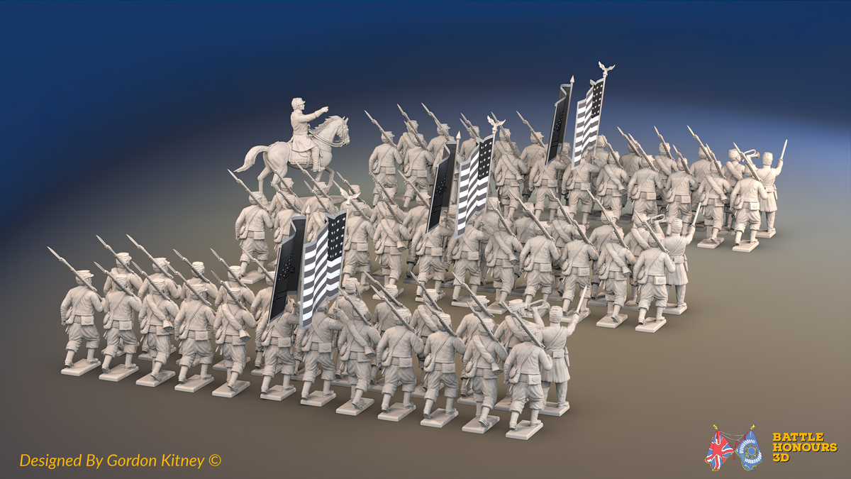 ACW Union Zouave Brigade - Kepis, Marching - 72 infantry and mounted commander, rear view