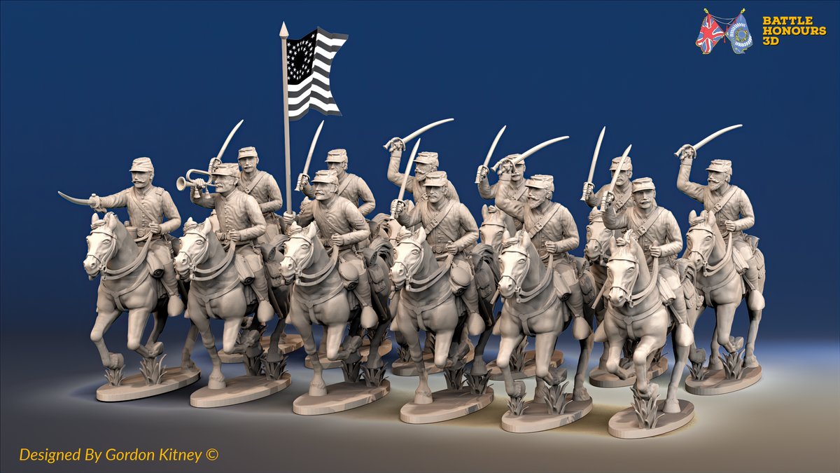 ACW Union Cavalry Regiment - Shell Jackets, Galloping with Swords - 12 mounted figures, front view