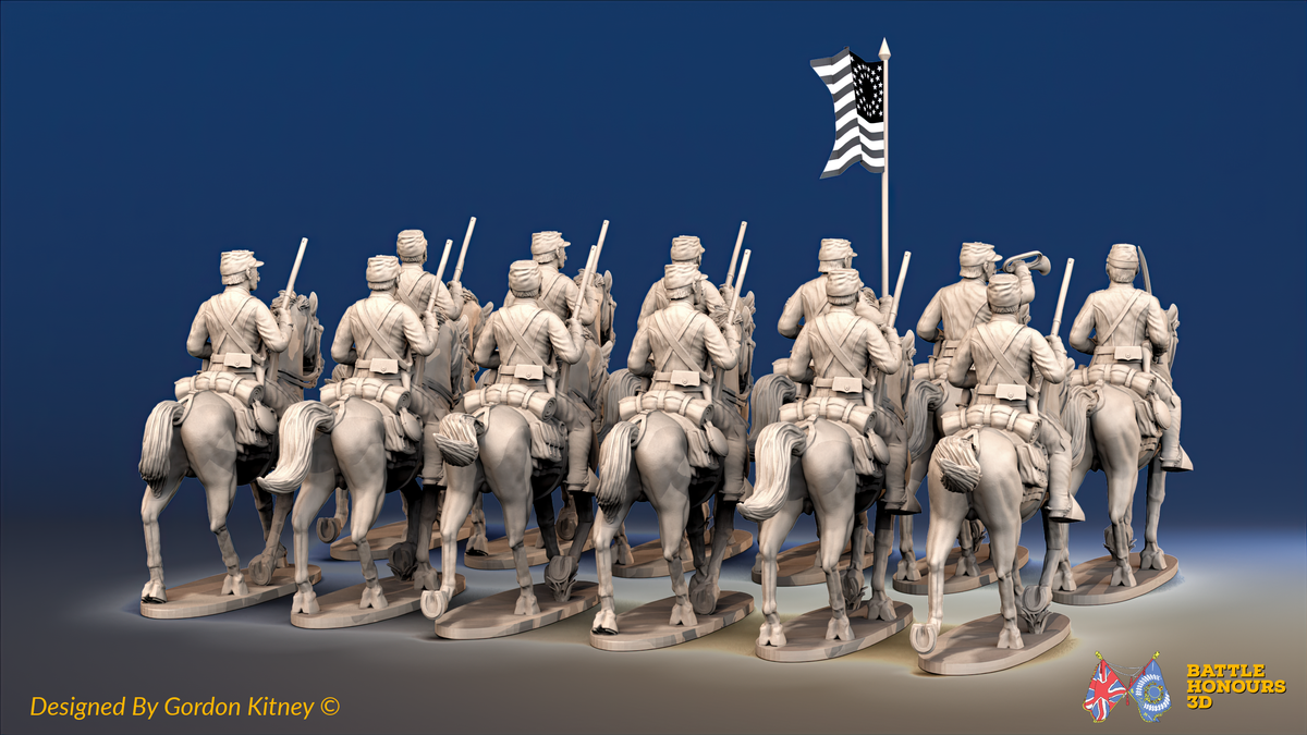 ACW Union Cavalry Regiment - Shell Jackets, Trotting with Carbines - 12 mounted figures, rear view